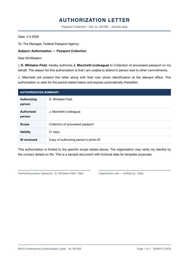 Bold contemporary authorization letter